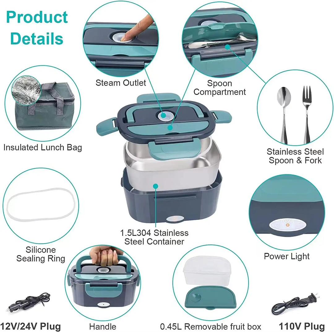 Electric Lunch Box Food Warmer- Portable Fast Heating Lunch Box 1.5L Stainless Steel Container Adult Food Warmer - Suitable for Cars, Trucks, Offices and Outdoors (Green)