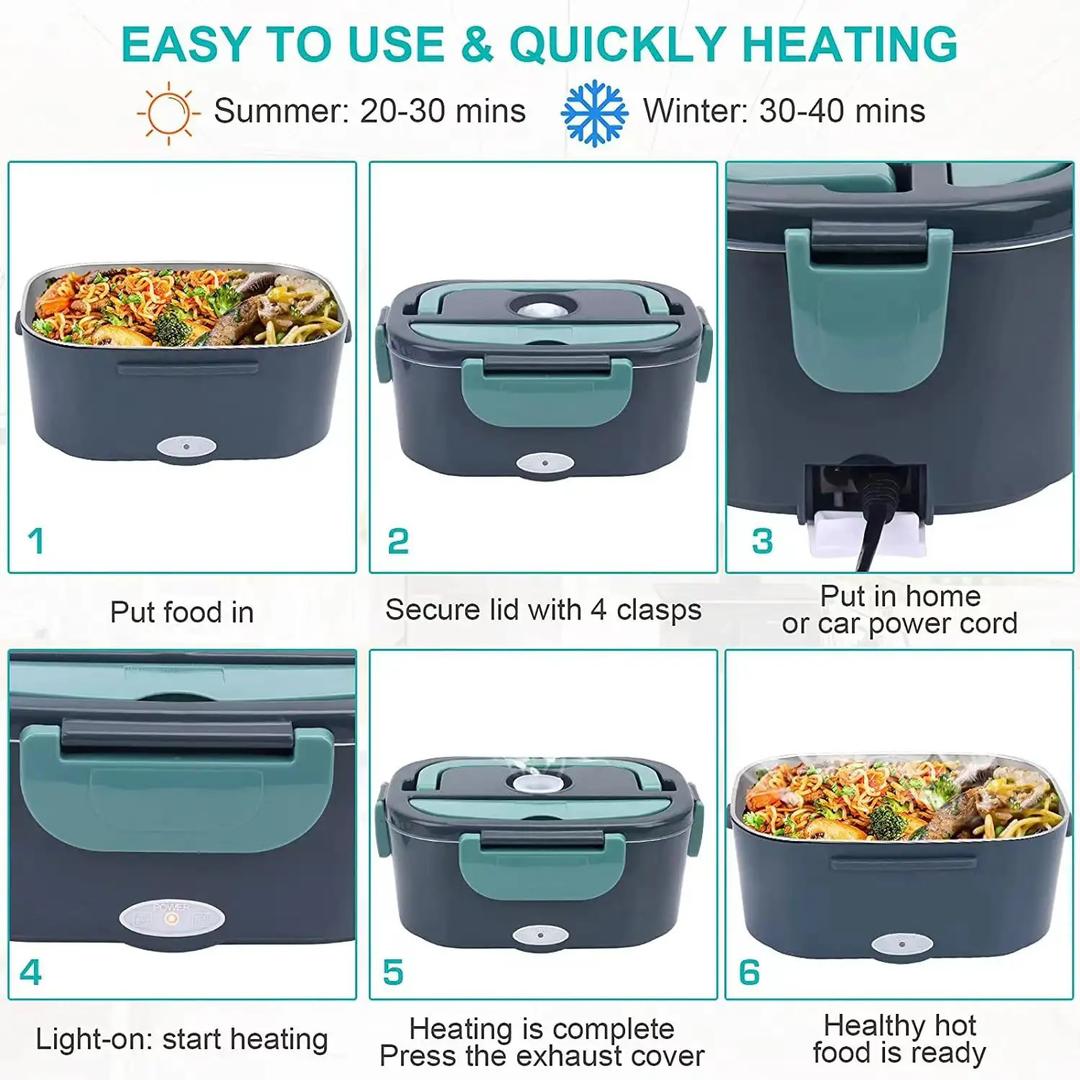 Electric Lunch Box Food Warmer- Portable Fast Heating Lunch Box 1.5L Stainless Steel Container Adult Food Warmer - Suitable for Cars, Trucks, Offices and Outdoors (Green)