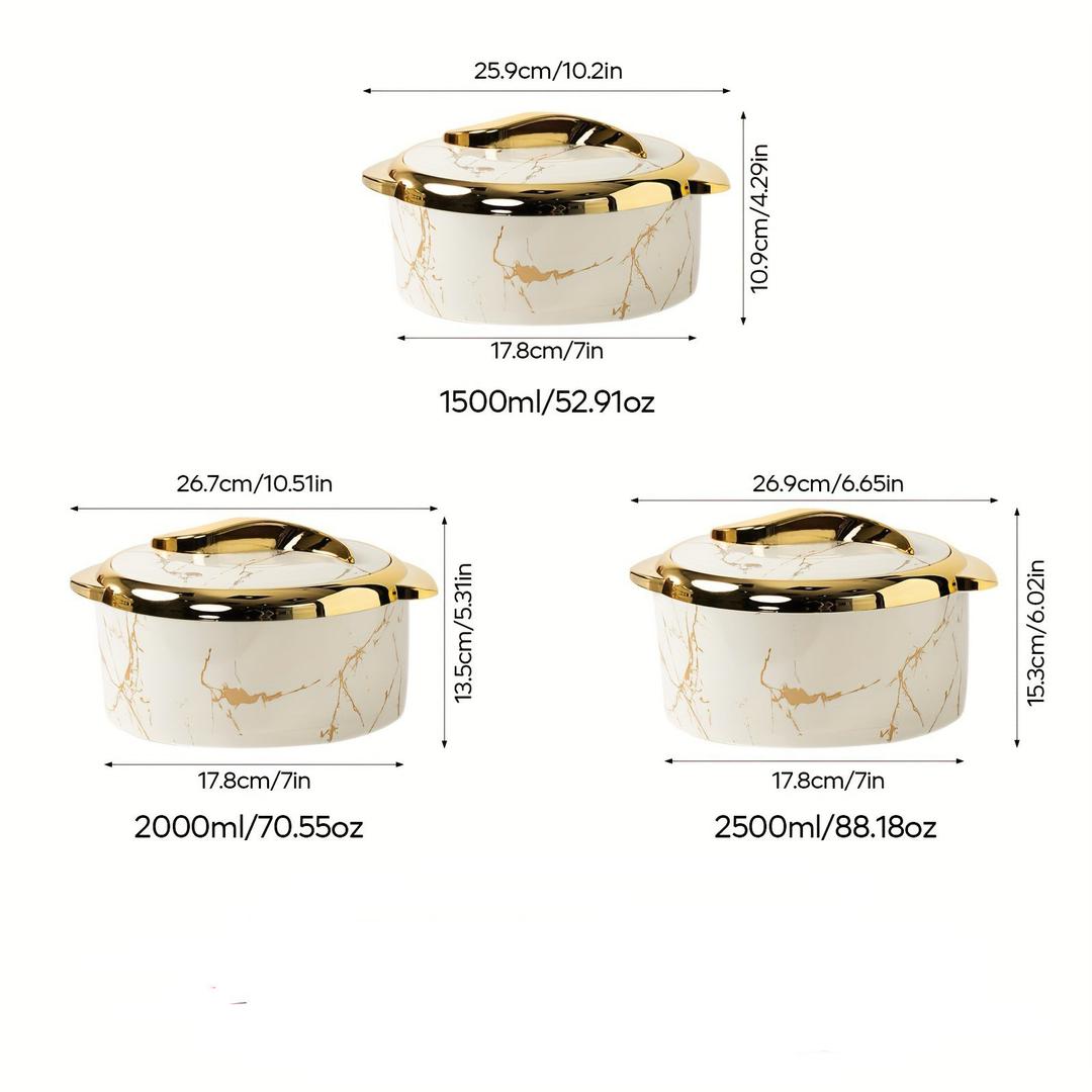 3 pcs, golden touch food warmer, thermal casserole dish set with lids, insulated stainless steel containers for hot and cold foods.